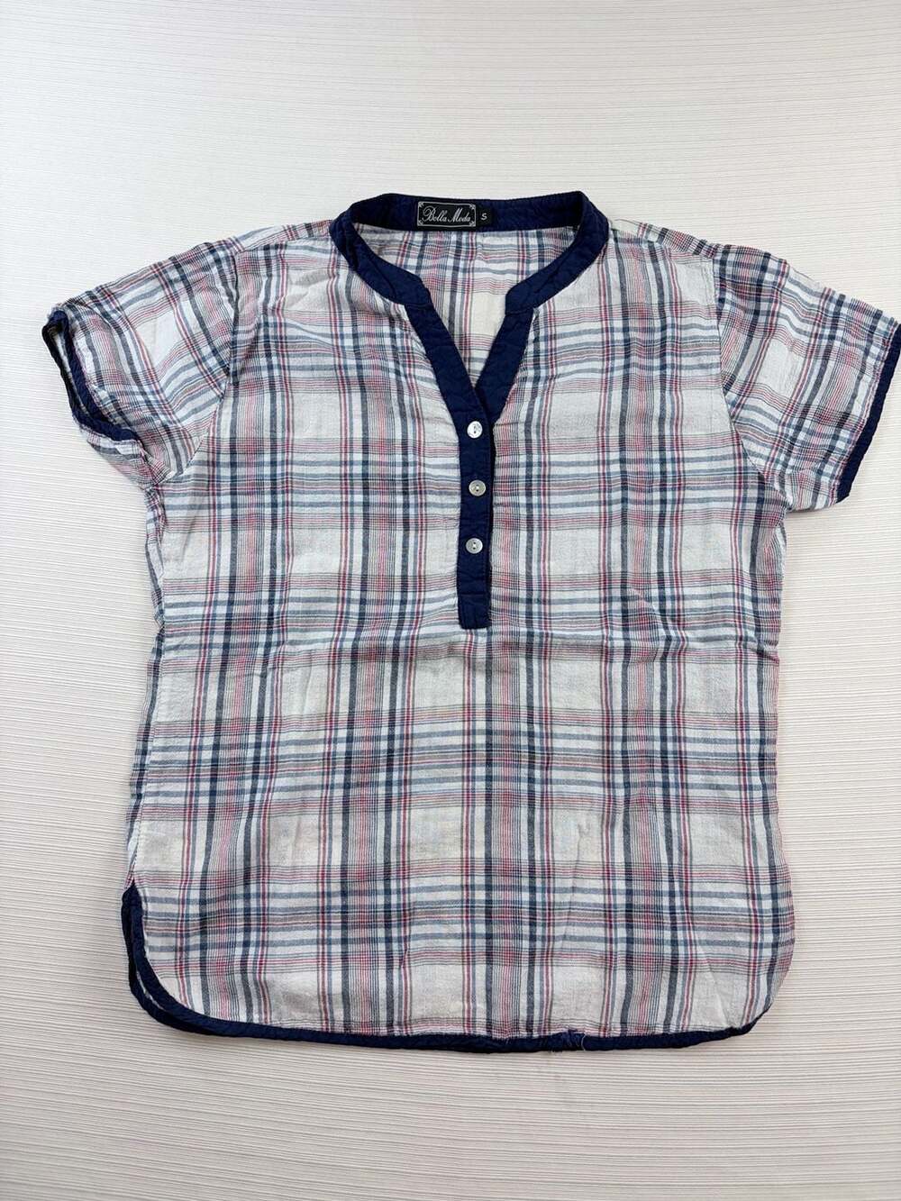 Bella Moda Women's Plaid Short Sleeve Henley Top Size S